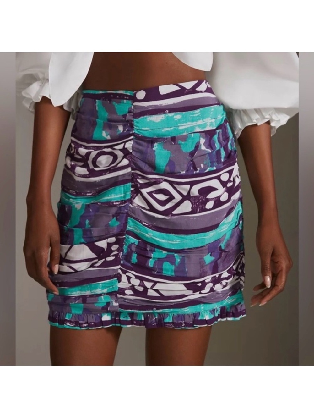 Abstract Purple & Teal Mini Skirt with Ruffle Hem